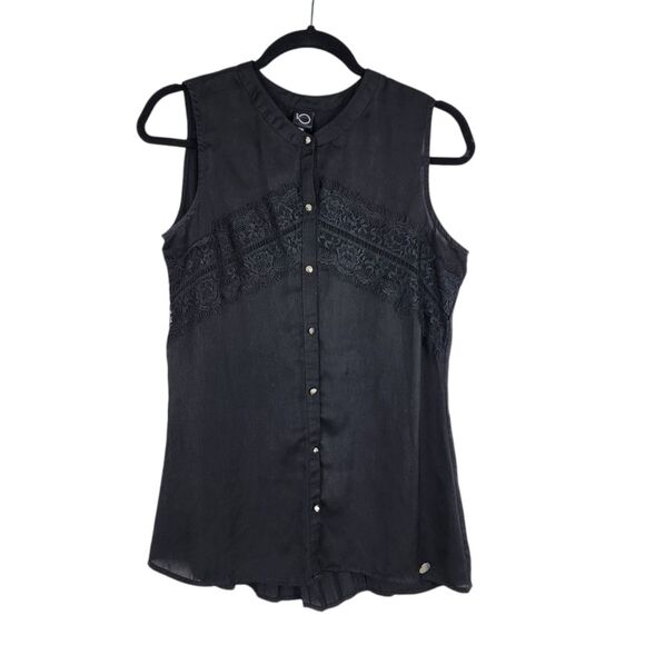 iO Tops - iO Lace Accent Sleeveless Blouse Button Front Top in Black